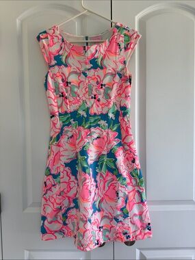 Lilly Pulitzer Floral Cap-Sleeve A-Line Dress in Pink and Blue